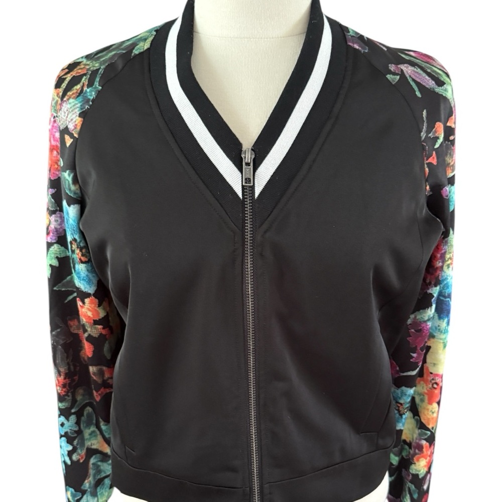 Mural Black Athletic Style Jacket with Floral Sleeves
